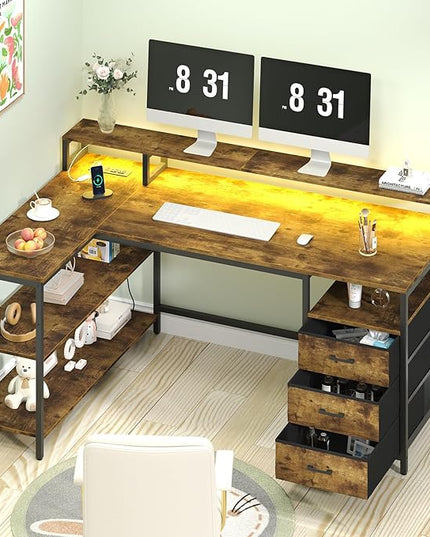 L Shaped Desk with 3 Drawer & 3 Open Shelf, Computer Desk with LED Lights & Power Outlets, Home Office Desk with Reversible Storage Shelves & Monitor Stand, Corner Desk for Small Space - LeafyLoom