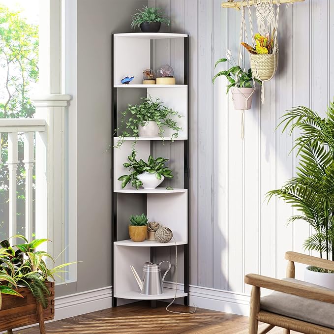 YITAHOME 6-Tier Corner Shelf, 68.8" Tall Modern Free Standing Zigzag Corner Bookshelf, 6 Shelf Display Corner Bookcase Open Small Book Shelves for Living Room, Home Office, Small Space, White - LeafyLoom