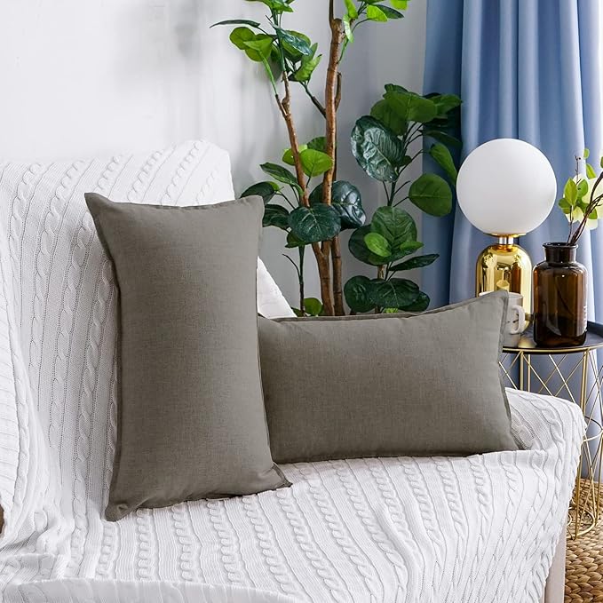 Jeanerlor Natural Cotton Linen Green Decorative 12"x20" Throw Pillow Case Cushion Cover with Twin Needles Stitch on Edge for Lumbar, (30 x 50cm), 2 Pcs, Gray - LeafyLoom