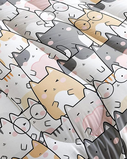 Kawaii Cat Comforter Queen Size,Cats Comforter Set for Kids Teens Girls Boys,3Pcs Bedding Set Printed Comforter with 2 Pillowcases,Down Alternative,Soft and Lightweight，Queen Size - LeafyLoom