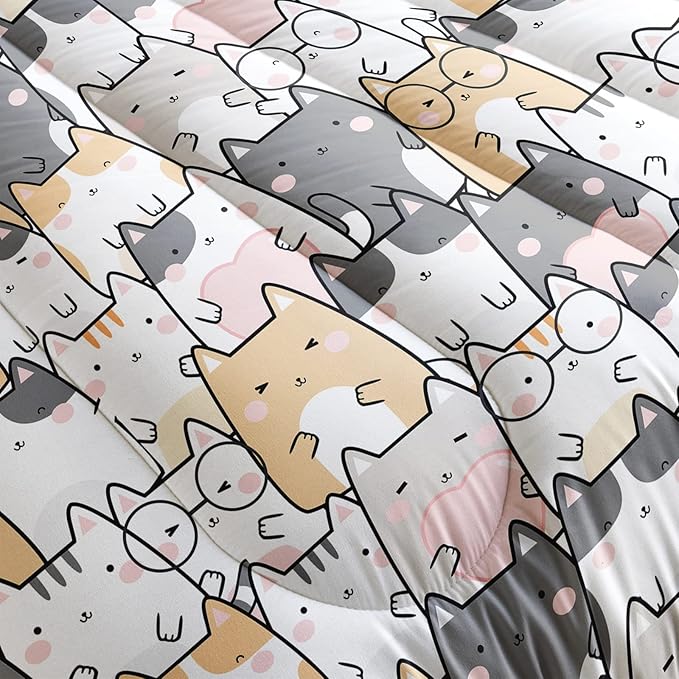 Kawaii Cat Comforter Queen Size,Cats Comforter Set for Kids Teens Girls Boys,3Pcs Bedding Set Printed Comforter with 2 Pillowcases,Down Alternative,Soft and Lightweight，Queen Size - LeafyLoom