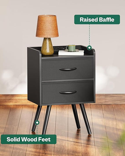 Night Stand with Charger Station, Nightstand with Drawers, Bedside Table, End Table with Solid Wood Feet, Black Nightstand, Side Tables for Bedroom - LeafyLoom