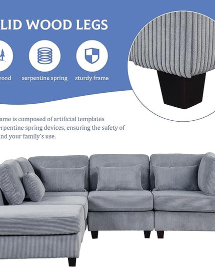 99.6" 5 Pieces L-Shaped Modular Sectional Sofa with Removable Ottomans and Waist Pillows, Modern Corduroy Fabric Upholstered Couch for Living Room, Apartment, Studio, Grey, 99.6 Inch - LeafyLoom