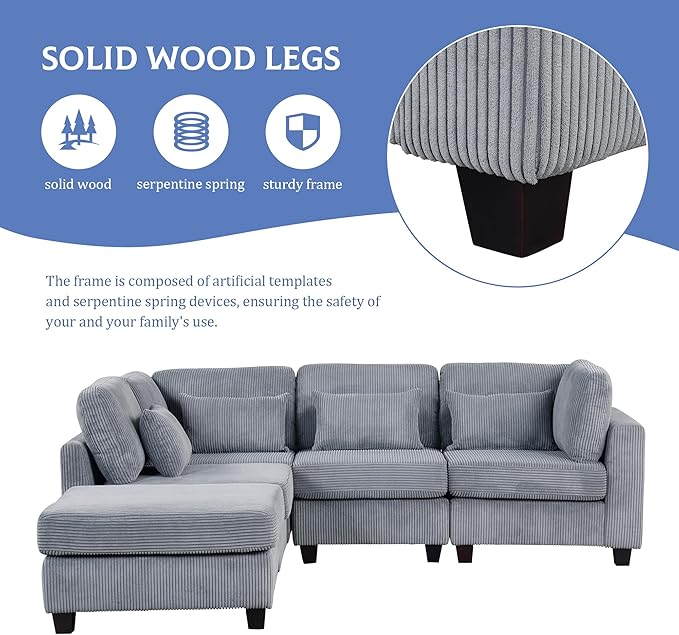 99.6" 5 Pieces L-Shaped Modular Sectional Sofa with Removable Ottomans and Waist Pillows, Modern Corduroy Fabric Upholstered Couch for Living Room, Apartment, Studio, Grey, 99.6 Inch - LeafyLoom