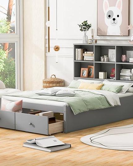 Full Size Platform Bed with Storage Headboard Bookcase, 2 Drawers Underneath and Charging Station, for Bedroom/Guest Room, Gray - LeafyLoom