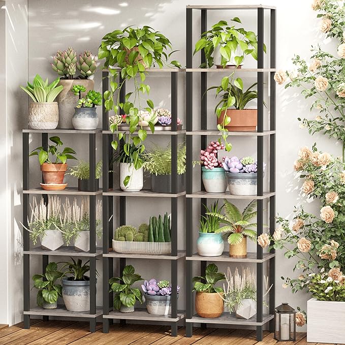 TUTOTAK Bookshelf, 4-Tier Tall Book Shelf, Narrow Bookcase for Small Space, DIY Stackable Bookshelf, for Living Room, Office, Study, Entryway, Industrial, Greige and Black BS01BG004 - LeafyLoom