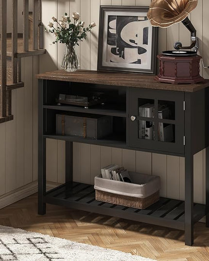 ChooChoo Farmhouse Coffee Bar Cabinet, Buffet Cabinet with Storage, Sideboard Buffet Cabinet with Glass Door, Console Table for Kitchen, Hallway, Entrance, Black - LeafyLoom