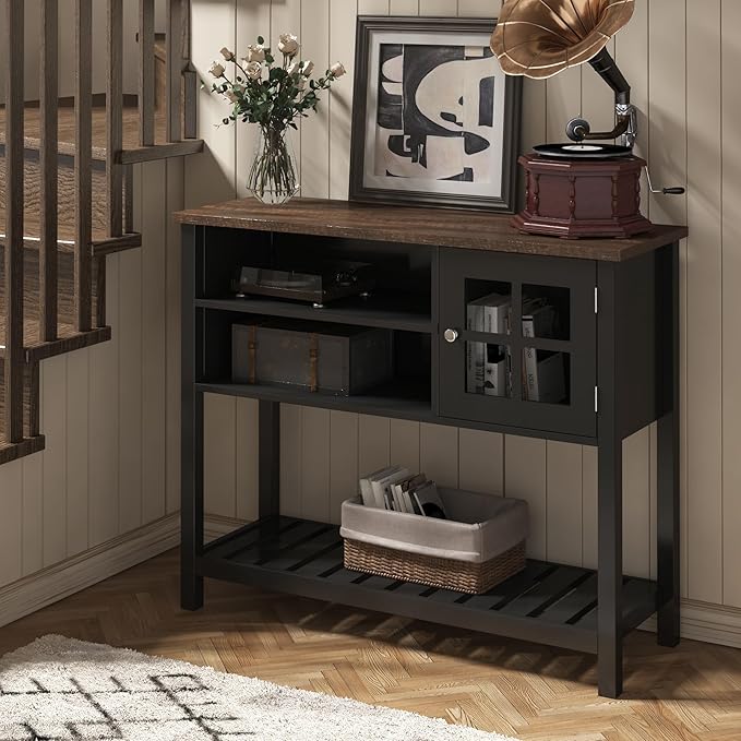 ChooChoo Farmhouse Coffee Bar Cabinet, Buffet Cabinet with Storage, Sideboard Buffet Cabinet with Glass Door, Console Table for Kitchen, Hallway, Entrance, Black - LeafyLoom