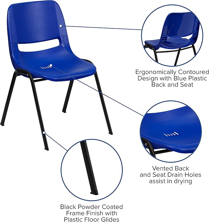 Flash Furniture HERCULES Series 661 lb. Capacity Navy Ergonomic Shell Stack Chair with Black Frame and 16'' Seat Height - LeafyLoom