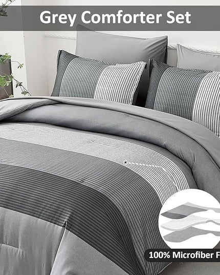WONGS BEDDING Grey Comforter Set Queen, Reversible Grey Striped Patchwork Down Alternative Comforter for Queen Bed,3 Pieces (1 Comforter+2 Pillowcases), Boho Soft Microfiber Bedding Set 90"×90" - LeafyLoom