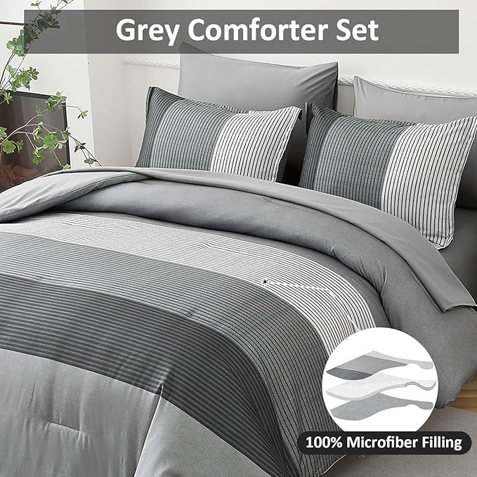 WONGS BEDDING Grey Comforter Set Queen, Reversible Grey Striped Patchwork Down Alternative Comforter for Queen Bed,3 Pieces (1 Comforter+2 Pillowcases), Boho Soft Microfiber Bedding Set 90"×90" - LeafyLoom