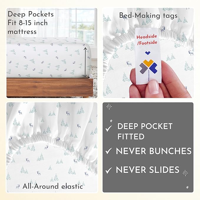 California Design Den Lodge Sheets Twin XL Size Printed Set, 400 Thread Count, 100% Cotton Sateen, 3 Pc Twin XL Sheets for Adjustable Bed, Deep Pocket Sheets & Pillowcase Set - Lodge Camp - LeafyLoom