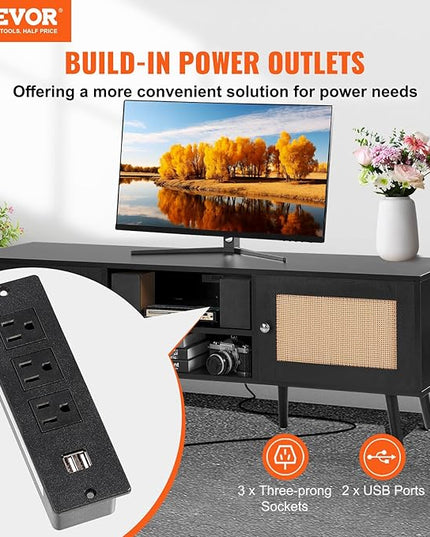 VEVOR Rattan TV Stand for 65 inch TV, Boho TV Stand with Rattan Door, Entertainment Center with Build-in Socket and USB Ports, Modern TV Console for Living Room, Media Room, Black - LeafyLoom