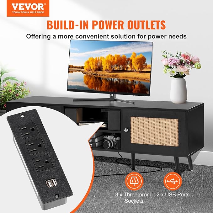 VEVOR Rattan TV Stand for 65 inch TV, Boho TV Stand with Rattan Door, Entertainment Center with Build-in Socket and USB Ports, Modern TV Console for Living Room, Media Room, Black - LeafyLoom