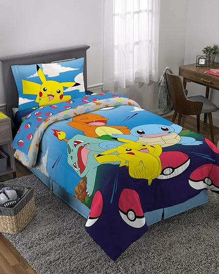Franco Kids Bedding Super Soft Comforter and Sheet Set, 4 Piece Twin Size, Pokemon (Prints May vary) - LeafyLoom
