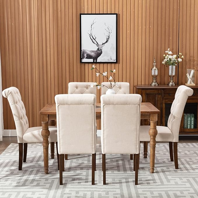 COLAMY Tufted Dining Room Chairs Set of 4, Parsons Diner Chairs Upholstered Fabric Side Kitchen Chairs with Solid Wood Legs and Padded Seat - Beige - LeafyLoom