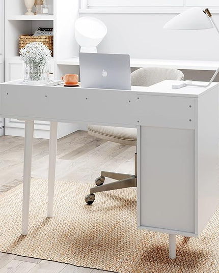 Nathan James Daisy Vanity Dressing Table or Makeup Desk with 4-Drawers and Brass Accent Knobs, White Wood - LeafyLoom