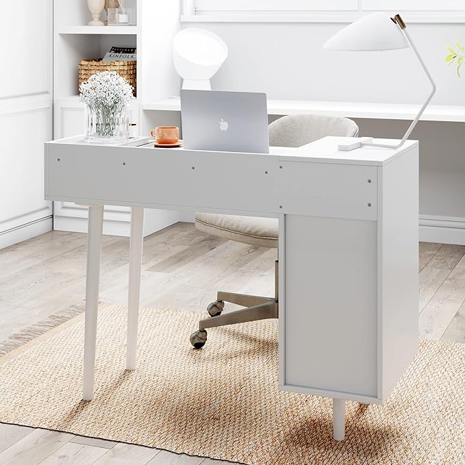 Nathan James Daisy Vanity Dressing Table or Makeup Desk with 4-Drawers and Brass Accent Knobs, White Wood - LeafyLoom