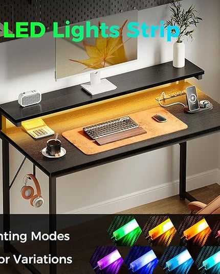 AODK Small Desk, 40 Inch Gaming Desk with LED Lights and Power Outlet, Computer Desk with Adjustable Monitor Shelf (3 Heights), Home Office Table Study Desk Compact Desk for Small Space, Black - LeafyLoom