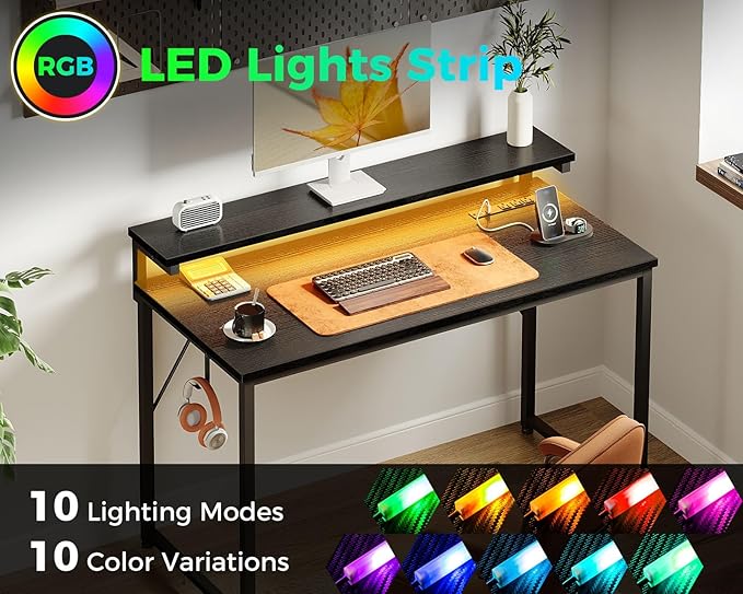 AODK Small Desk, 40 Inch Gaming Desk with LED Lights and Power Outlet, Computer Desk with Adjustable Monitor Shelf (3 Heights), Home Office Table Study Desk Compact Desk for Small Space, Black - LeafyLoom
