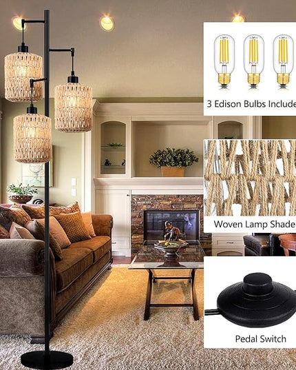 Floor Lamp for Living Room,Bedroom,3-Lights Boho Rattan Tree Floor Lights,Industrial Black Farmhouse Standing Lamp Wicker Rustic Tall Lamp,Woven Bamboo LampShade Floor Lamps Bohemian - LeafyLoom