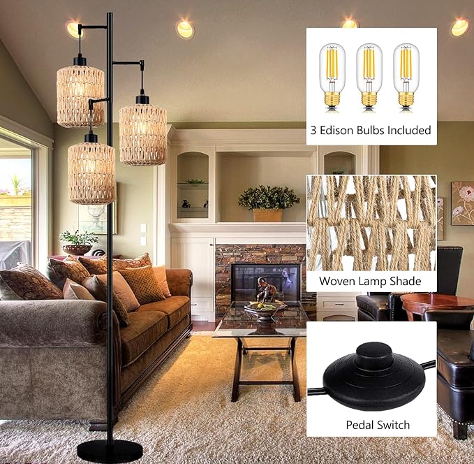 Floor Lamp for Living Room,Bedroom,3-Lights Boho Rattan Tree Floor Lights,Industrial Black Farmhouse Standing Lamp Wicker Rustic Tall Lamp,Woven Bamboo LampShade Floor Lamps Bohemian - LeafyLoom