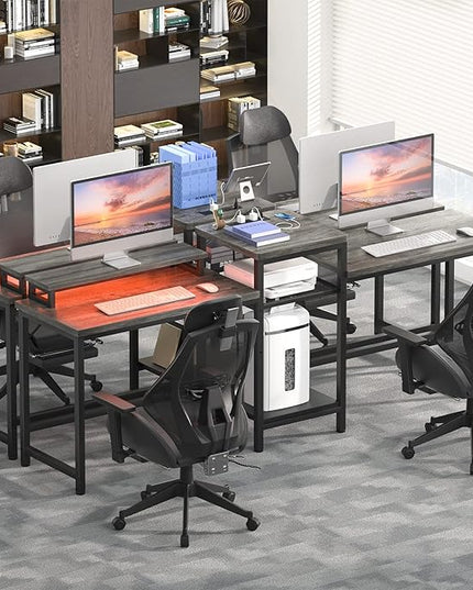 Unikito Two Person Desk with LED Light and Power Outlet, Double Computer Desks with Monitor Stand and Printer Stand, Double Gaming Computer Desk, Long Gaming Desk, Home Office Work Desk, Black Oak - LeafyLoom
