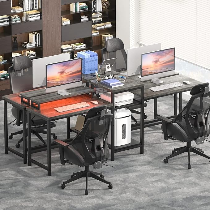 Unikito Two Person Desk with LED Light and Power Outlet, Double Computer Desks with Monitor Stand and Printer Stand, Double Gaming Computer Desk, Long Gaming Desk, Home Office Work Desk, Black Oak - LeafyLoom