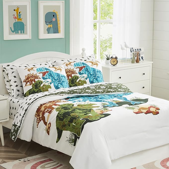 KALEIDOSPACE Gilrs Boys Bedding Sets Twin, 5 Piece Glow in The Dark Dinosaur Bed in A Bag-1 Comforter,1 Pillow Sham, 1 Pillowcase, 1 Flat Sheet, 1 Fitted Sheet - LeafyLoom