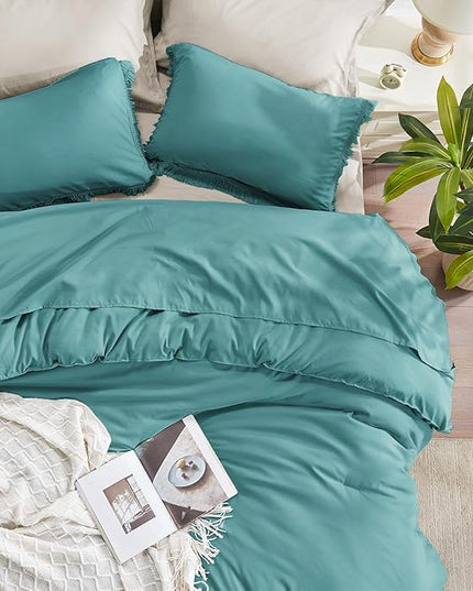 Andency Aqua Tassel Comforter Set Queen(90x90Inch), 3 Pieces(1 boho Comforter, 2 Pillowcases) Farmhouse Shabby Chic Comforter Set, Soft Microfiber Lightweight Fringe Bedding Comforter Set - LeafyLoom
