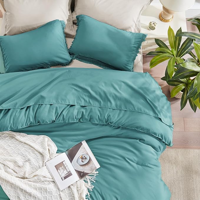 Andency Aqua Tassel Comforter Set Queen(90x90Inch), 3 Pieces(1 boho Comforter, 2 Pillowcases) Farmhouse Shabby Chic Comforter Set, Soft Microfiber Lightweight Fringe Bedding Comforter Set - LeafyLoom