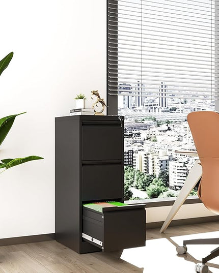 3 Drawer File Cabinet with Lock, Metal Vertical Filing Cabinets for Home Office, Steel Storage Cabinet for Hanging Legal/Letter Size Files, Assembly Required (Black) - LeafyLoom