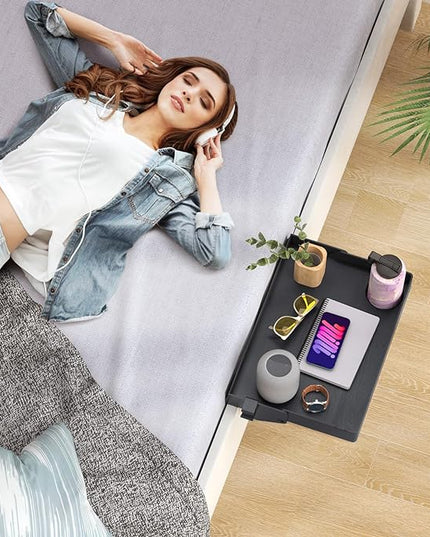 SPACELEAD Bedside Shelf for Bed & Top Bunk- College Dorm Room Essentials, Loft Bed Accessories, Clip On Nightstand Snack Organizer, Floating Bed Side Table Tray (Black，Plastic) - LeafyLoom