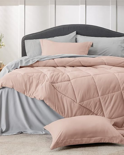 Bedsure Blush Pink Full Size Comforter Set - 7 Pieces Reversible Full Bed in a Bag, Full Bed Set with Comforters, Sheets, Pillowcases & Shams, Peach Pink Full Bedding Sets - LeafyLoom