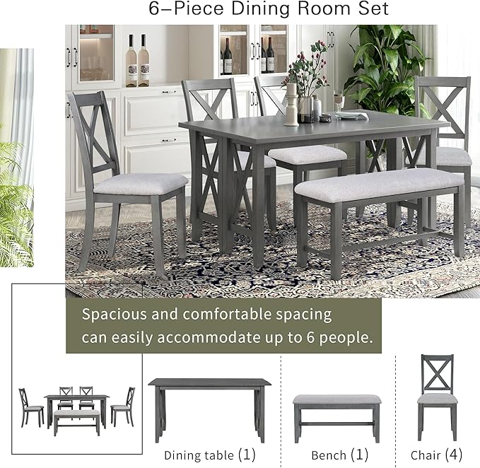 6-Piece Solid Wood Dinette Sets includes Foldable Dining Table, 4 Upholstered Chairs & Bench, for Diningroom Living Room, Easy to Assemble, Gray 1 - LeafyLoom