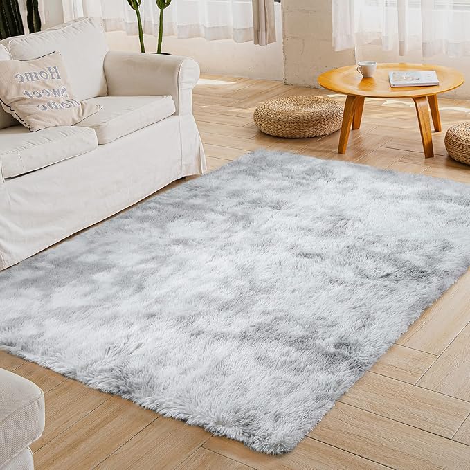 YOBATH Soft Shaggy Area Rug for Bedroom, 5x8 Feet Fluffy Shag Carpet for Living Room Nursery Playroom Baby Kids Girls Room Classroom, Fuzzy Plush Rug room Decor, Tie-Dyed Light Grey - LeafyLoom