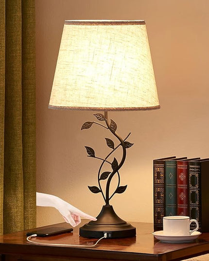 Kakanuo USB Touch Table Lamp Bedside Lamp with USB C Charging Ports for Living Room, Beige 3 Way Dimmable Traditional Nightstand Lamp Retro Table Lamp for Bedroom and Office (LED Bulb Included) - LeafyLoom