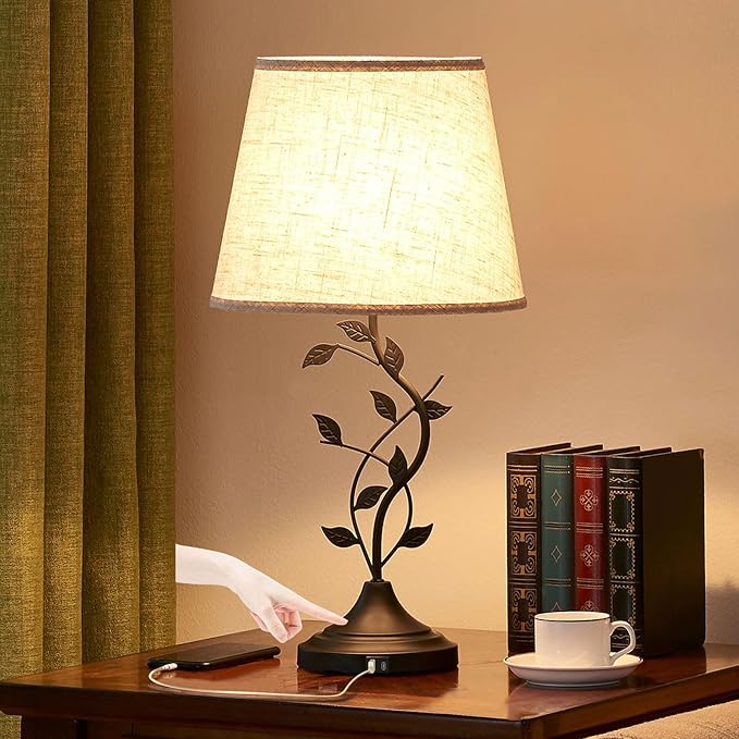 Kakanuo USB Touch Table Lamp Bedside Lamp with USB C Charging Ports for Living Room, Beige 3 Way Dimmable Traditional Nightstand Lamp Retro Table Lamp for Bedroom and Office (LED Bulb Included) - LeafyLoom