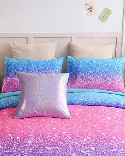 A Nice Night 6Pcs Gradient Glitter Bedding Set for Girls Queen Size, Colorful Rainbow Galaxy Comforter Set, Ultra Soft Bedding Sets, Blue - LeafyLoom