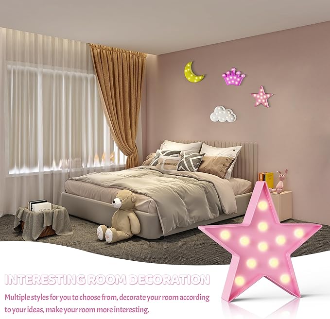 Pink Star Night Light for Kids, Battery Powered Birthday Party Decorations, Kids Room Decor for Bedrooms, Baby Night Light, Toddler Room Decor, Pink Room Decor, Pink Wall Decor for Bedroom - LeafyLoom
