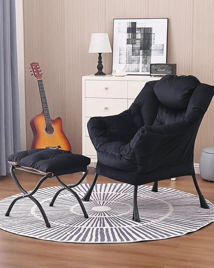 Lazy Chair and Ottoman, Large Accent Lounge Chair with Armrests and a Side Pocket, Modern Leisure Upholstered Sofa Reading Armchair with Footrest for Bedroom, Living Room, Dorm Rooms, Office - LeafyLoom