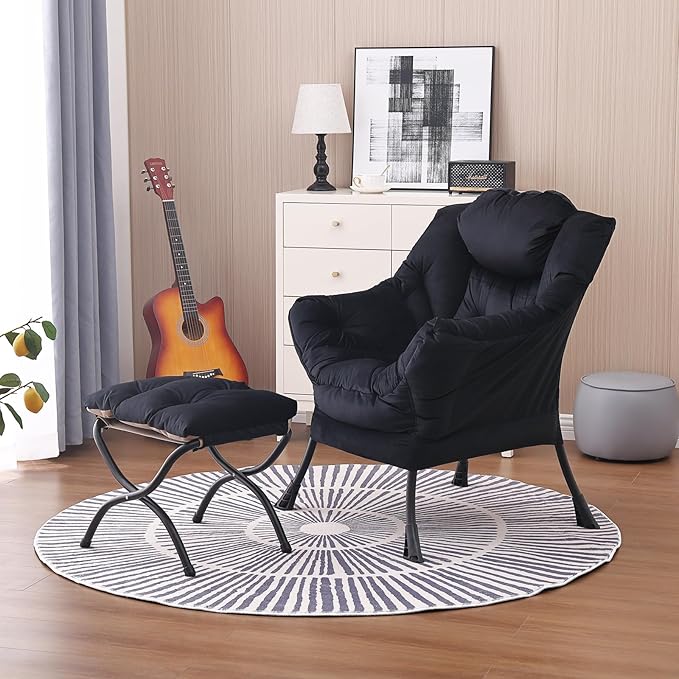 Lazy Chair and Ottoman, Large Accent Lounge Chair with Armrests and a Side Pocket, Modern Leisure Upholstered Sofa Reading Armchair with Footrest for Bedroom, Living Room, Dorm Rooms, Office - LeafyLoom