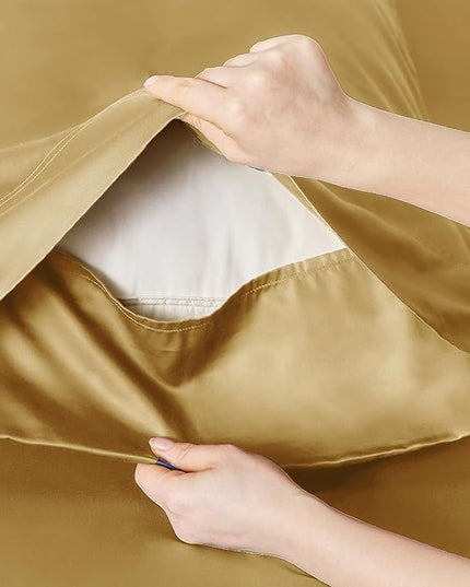 Bedsure Twin XL Sheet Set Dorm Bedding, Cooling Sheets Twin Extra Long Sheets, Rayon Derived from Bamboo, Deep Pocket Up to 16", Hotel Luxury Silky Bedding Sheets & Pillowcases, Gold - LeafyLoom