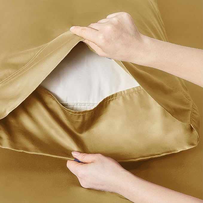 Bedsure Twin XL Sheet Set Dorm Bedding, Cooling Sheets Twin Extra Long Sheets, Rayon Derived from Bamboo, Deep Pocket Up to 16", Hotel Luxury Silky Bedding Sheets & Pillowcases, Gold - LeafyLoom