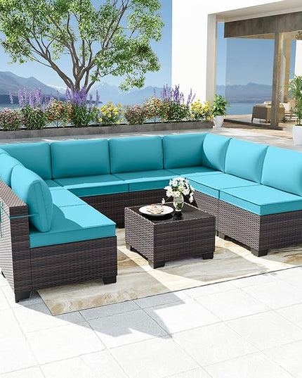 Patio Furniture Set 9-Pieces Outdoor Furniture for Backyard Wicker Sectional Sofa Set, Rattan Patio Conversation Set with Thickened Cushions and Glass Coffee Table, Turquoise - LeafyLoom