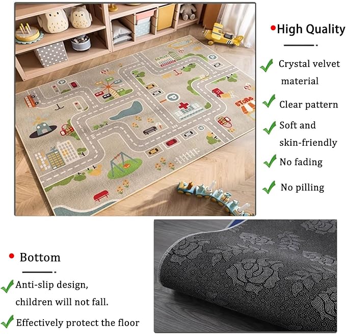 kid rug carpet playmat for toy cars and trains,road traffic kids play area rug,city Life town play Mat for Playroom Bedroom Boys,Children's Educational Fun Throw Rug with Rubber Backing 59X94IN - LeafyLoom