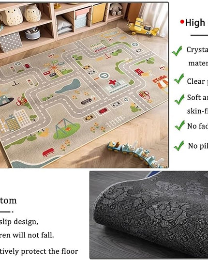 kid rug carpet playmat for toy cars and trains,road traffic kids play area rug,city Life town play Mat for Playroom Bedroom Boys,Children's Educational Fun Throw Rug with Rubber Backing 71X106IN - LeafyLoom