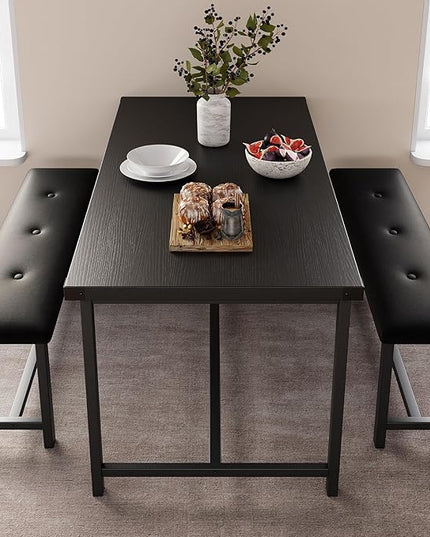 Kitchen Table with Benches, Dining Table Set for 4, Rectangular Dining Room Table Set with 2 Upholstered Benches, 3 Piece Kitchen Table Set for Small Space, Apartment, Studio, Retro Black - LeafyLoom