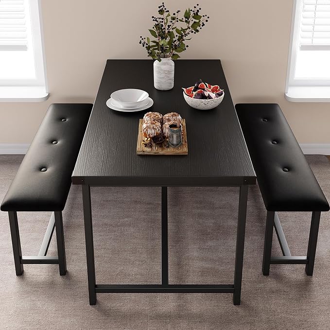 Kitchen Table with Benches, Dining Table Set for 4, Rectangular Dining Room Table Set with 2 Upholstered Benches, 3 Piece Kitchen Table Set for Small Space, Apartment, Studio, Retro Black - LeafyLoom