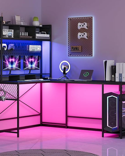 Lvifur 67” L Shaped Desk with Wireless Charging Station,24-Color RGB Dimmable Computer Desk with Pegboard,Gaming Desk with Monitor Stand, Display Stand,Human Sensor Lights for Home Office - LeafyLoom